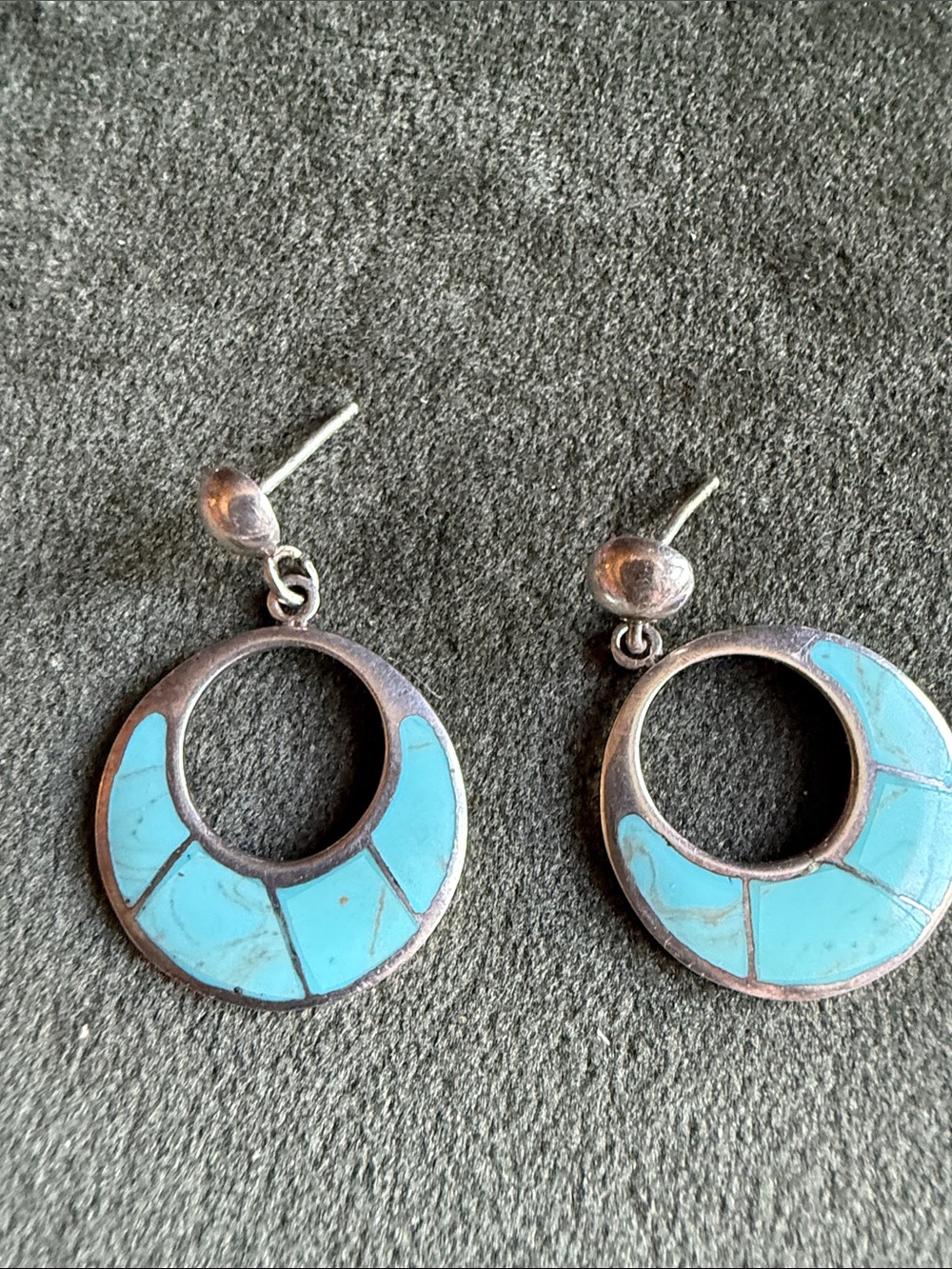Turquoise Inlay Hoop Drop Earrings - Women Jewelry Vintage
